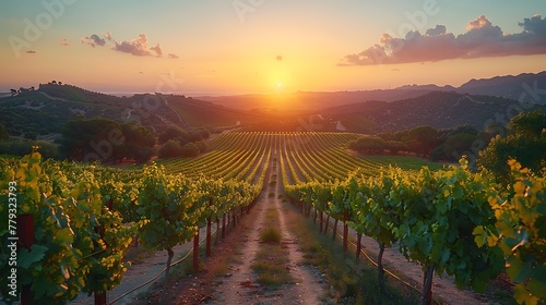 A sprawling vineyard at sunset, with rows of grapevines stretching toward the horizon photo