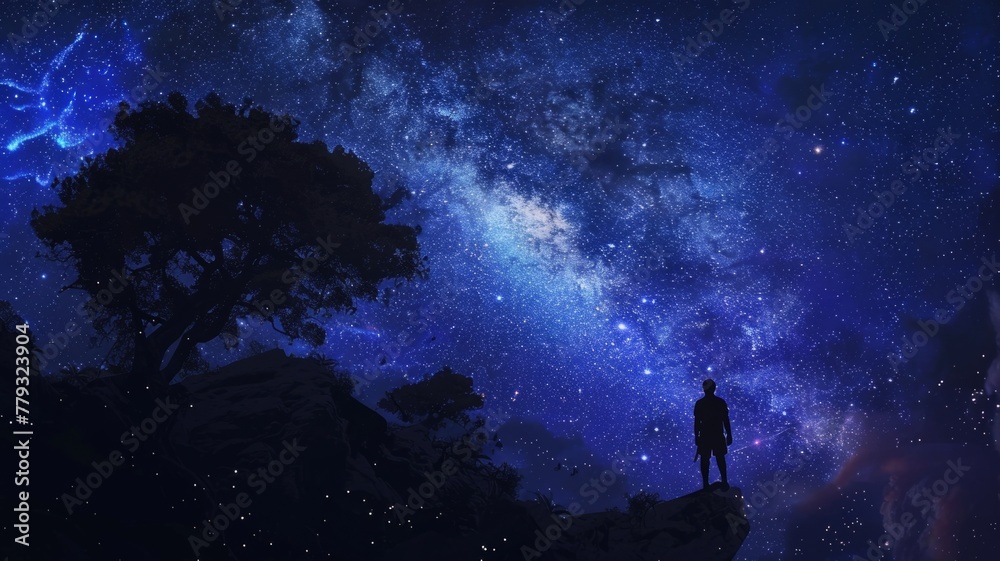 Person gazing at stars from a mountain - A silhouette of a person standing on a mountain edge, gazing up at a mesmerizing starry night sky with the Milky Way visible