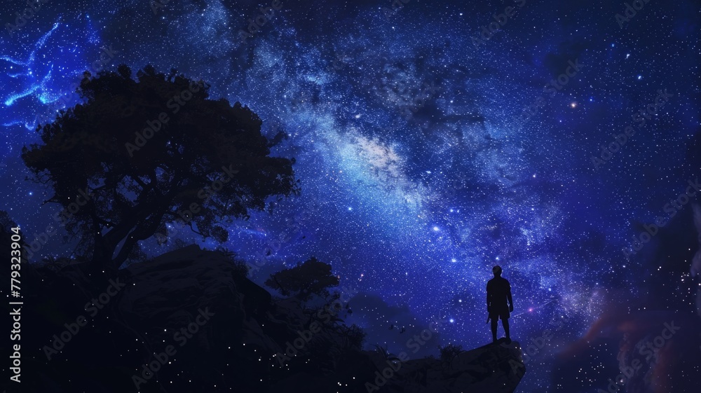 Person gazing at stars from a mountain - A silhouette of a person standing on a mountain edge, gazing up at a mesmerizing starry night sky with the Milky Way visible Person gazing at stars from a mountain - A silhouette of a person standing on a mountain edge, gazing up at a mesmerizing starry night sky with the Milky Way visible