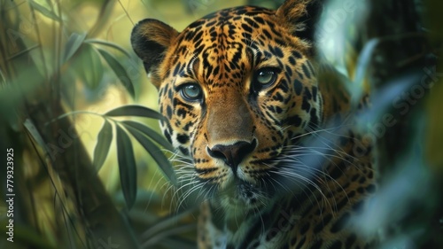 Leopard camouflaged in nature with intense gaze - A stealthy leopard blends seamlessly into the greenery, its piercing gaze captivating the viewer, highlighting the feline's elegance and predatory ins