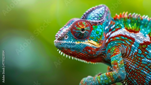 Colorful close-up of a chameleon s eye - A striking close-up photo of a chameleon  showcasing its vibrant scales and a focused  curious eye