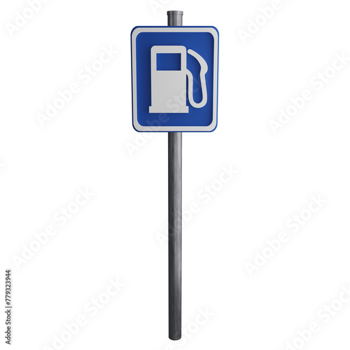 Petrol pump sign on the road clipart flat design icon isolated on transparent background, 3D render road sign and traffic sign concept
