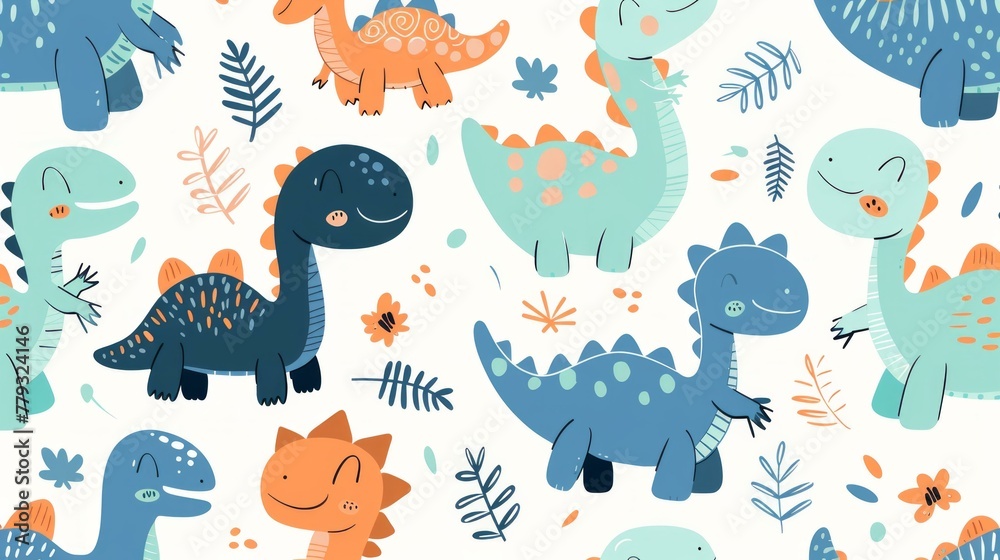 Adorable cartoon dinosaur doodles in a seamless pattern, creating a playful and cute background for kids' apparel, textiles, AI Generative