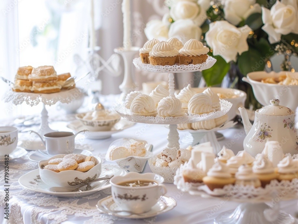 custom made wallpaper toronto digitalAn elegant White Day themed tea party, with fine china, lace tablecloths, AI Generative