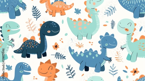 Adorable cartoon dinosaur doodles in a seamless pattern  creating a playful and cute background for kids  apparel  textiles  AI Generative
