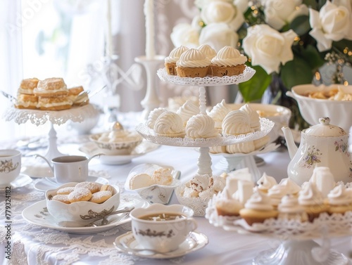 Wallpaper Mural An elegant White Day themed tea party, with fine china, lace tablecloths, AI Generative Torontodigital.ca
