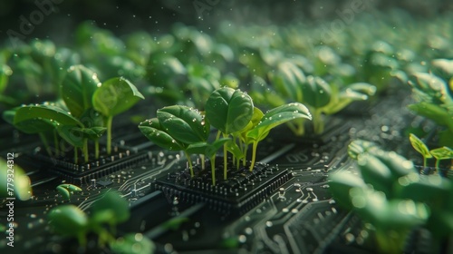 Digital background featuring green sprouts flourishing on a computer chip, AI Generative