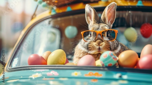 Easter Bunny in sunglasses driving egg-filled car, colorful Easter adventure, AI Generative