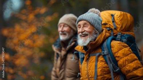 Elderly couple sharing a moment of laughter while hiking, surrounded by lush pines, AI Generative