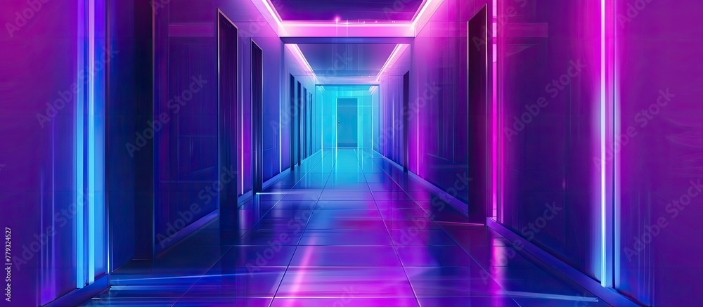 a long hallway with neon lights on the walls and ceiling . High quality a long hallway with neon lights on the walls and ceiling . High quality