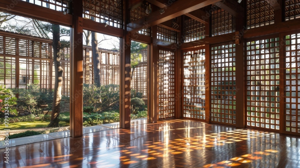 The glass walls of the room are held in place by a combination of solid wooden pillars and intricate wooden lattice work. The sunlight streams through the glass creating a serene and .