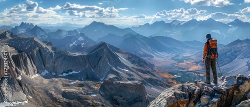 Mountain solitude A high-resolution image of a hiker overlooking a vast mountain range, AI Generative