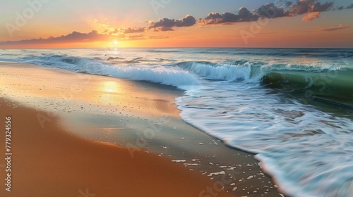 Seaside serenity A peaceful beach at sunrise, the waves and sand captured in a tranquil, AI Generative
