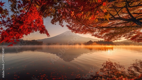 The tranquil waters of Lake Kawaguchiko reflecting the iconic silhouette of Mountain Fuji, surrounded by the fiery palette of autumn foliage. Early morning fog adds a mystical qua, AI Generative photo