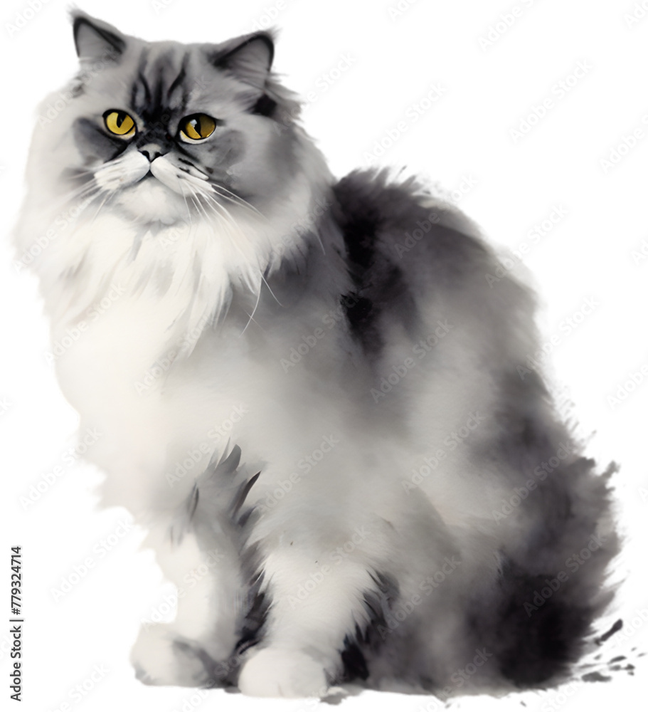 Watercolor painting of a Persian cat in an impressionist style.