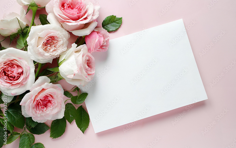 Beautiful composition of top view blank white sheet of paper with a frame of flowers. background with flower bouquet, blooming plants and empty space for text. Generative AI