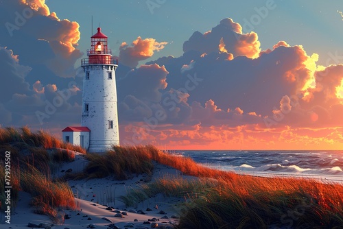 illustration of white and red lighthouse standing on dunes against sea on sunset photo