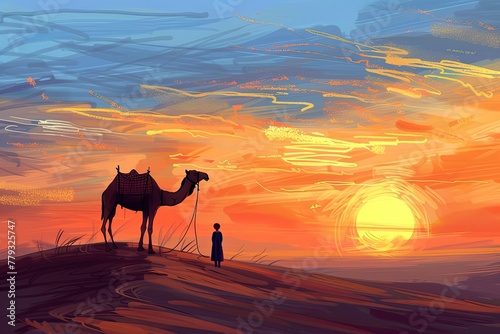 A serene sunrise scene where a child and a camel stand together on a desert dune watching the day begin