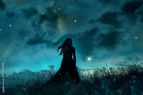 Silhouette of a woman under the starry sky - Captivating image showing the silhouette of a woman gazing into the star-filled sky above, suggesting wonder and contemplation