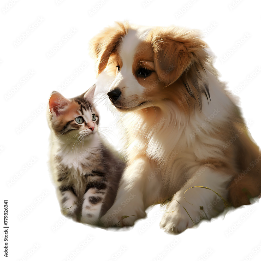illustration of kitten and a puppy shar, Isolated on transparent PNG background, Generative ai