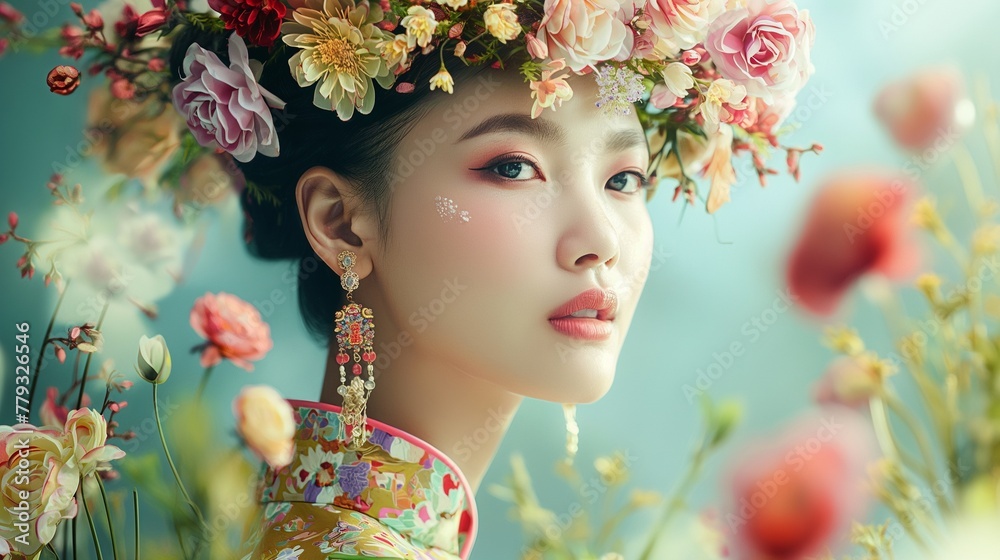 A very beautiful Chinese model adorned in a dress woven with vibrant flowers, her hair intricately styled with blossoms, epitomizing natural elegance.