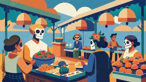 At a local market vendors display their beautifully crafted sugar skulls adorned with brightly colored icing and intricate designs. The smell