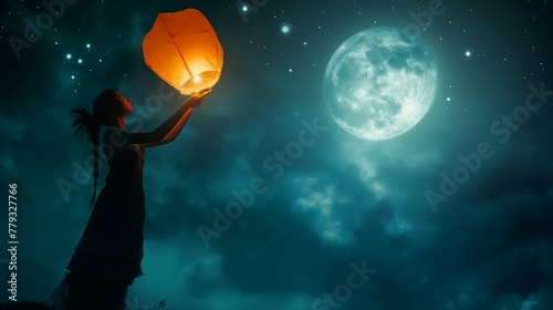 Ethereal Chinese girl in a romantic mood, releasing a paper lantern into the night sky, her silhouette illuminated by the soft glow of moonlight.