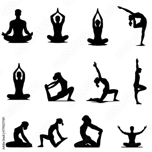  yoga silhouettes set, set of yoga poses , set of yoga icons , yoga silhouettes , female fitness