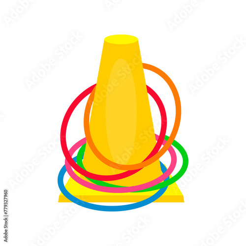 Plastic yellow sports cone with hoops for activity game. Throw rings game. Activity floor game.