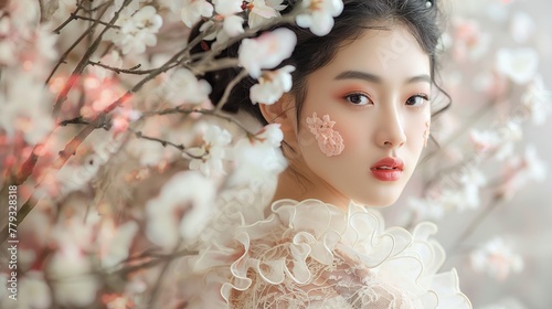 Graceful Chinese model stunning in a dress adorned with delicate petals and blossoms  her hair intricately styled with floral accents  evoking a sense of floral romance.