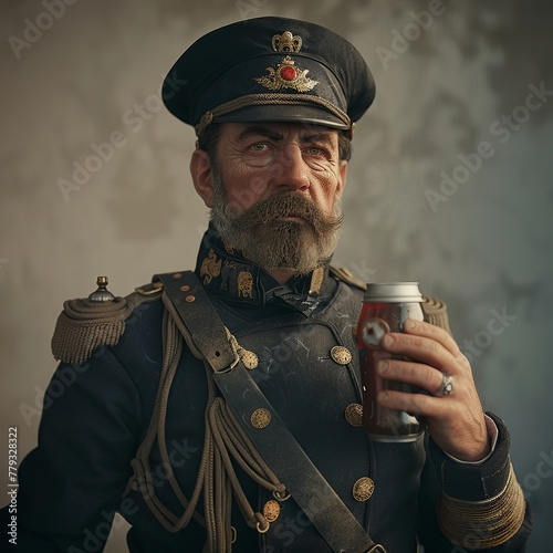 19thcentury soldier, physautotype, holding soft drink, warm filter, medium shot , 3D render photo