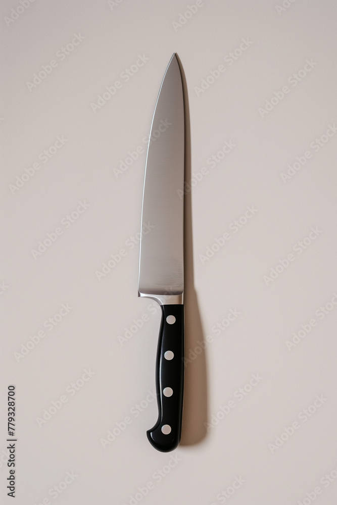 minimalist still life illustration of a handmade Japanese kitchen knife, light pink background