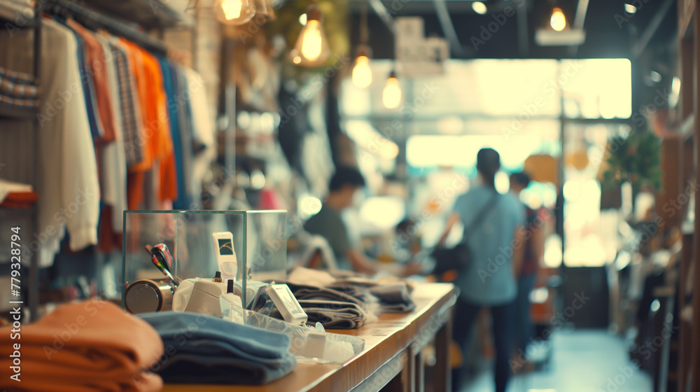 an illustration inside a clothing store with blurred people shopping with blurred bokeh background. an illustration inside a clothing store with blurred people shopping with blurred bokeh background.