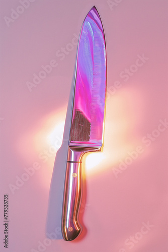 minimalist neon yk2 aesthetic illustration of a handmade Japanese kitchen knife, light pink background photo