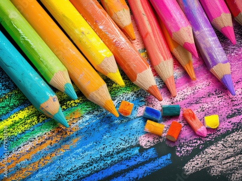 Vibrant Children's Chalk and Crayon Drawings: Playful Art in Pink, Green, Blue, and Orange