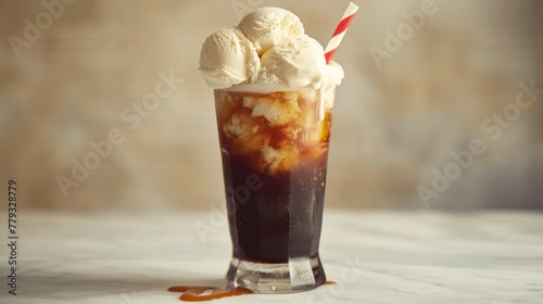 A vintage-style photograph of a root beer float