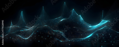 A digital background of vibrant blue particles and dark dots, representing data technology abstractly. An abstract wave of light effects with dynamic lines for banner designs.