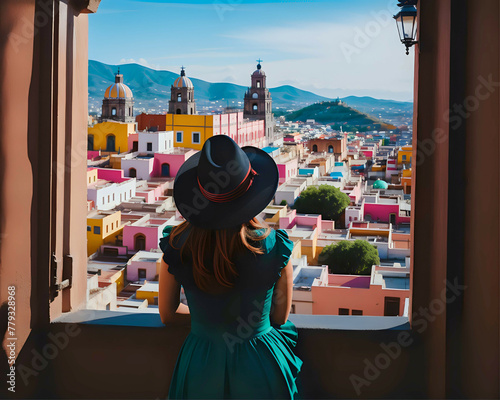 Mexican Woman Tourist at Scenic Overlook of Mexican Magical Town