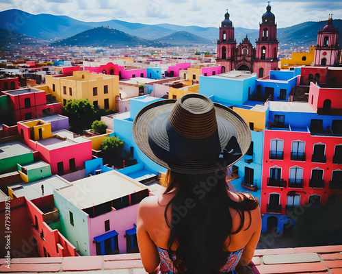 Mexican Woman Tourist at Scenic Overlook of Mexican Magical Town