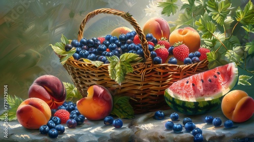 A vibrant still life showcasing a basket overflowing with fresh summer fruit. Plump blueberries, juicy peaches, and glistening watermelon slices are arranged artfully