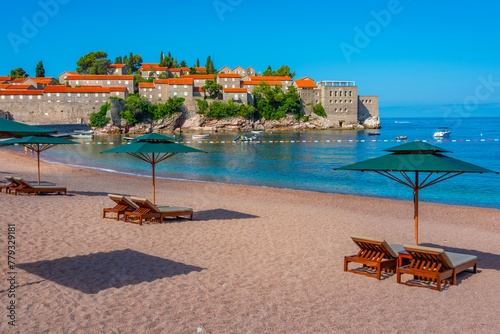 Empty beach at Sveti Stefan in Montenegro photo