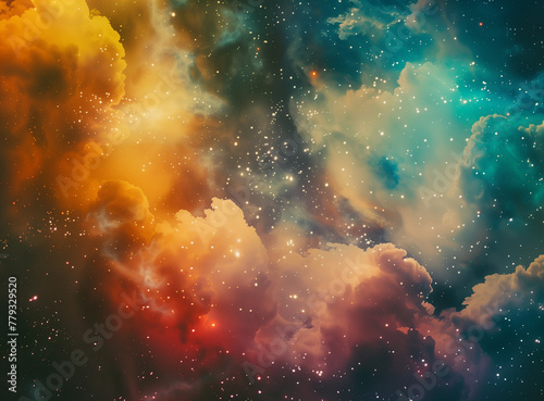 An abstract film texture background with a cosmic theme, incorporating swirling galaxies and celestial bodies.