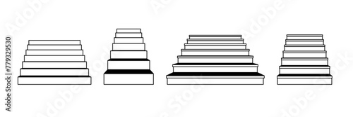Outline linear stairway set. Different 3d staircases. Black and white stair steps collection. Graphic design element pack concept for success, growth, promotion, progress. Vector bundle
