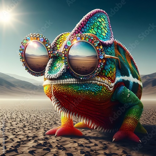 Colourful Chameleon Wearing Glass at Desert ,Chameleon closeup ,Sitting ,nature ,reptile ,lizard ,dragon , animal ,green , branch ,illustration ,Generative Ai
