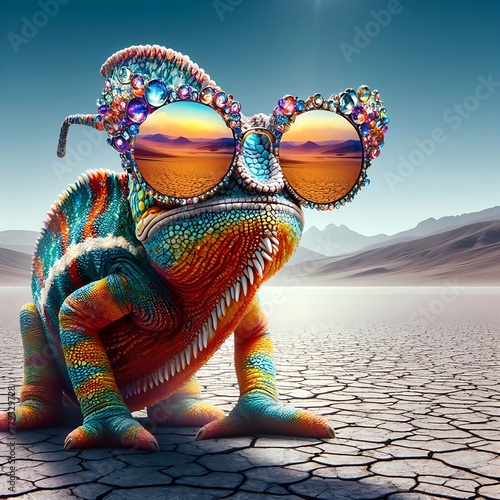 Colourful Chameleon Wearing Glass at Closeup Look with Solid Plain Background ,closeup ,Chameleon Sitting ,nature ,reptile ,lizard ,dragon , animal ,green , branch ,illustration . © Zigma Arts