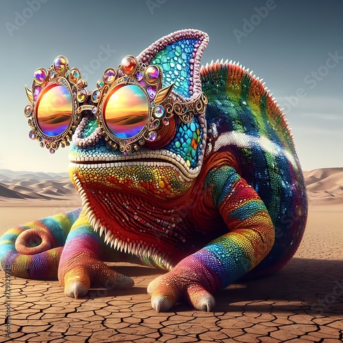 Colourful Chameleon Wearing Glass at Desert ,Generative Ai