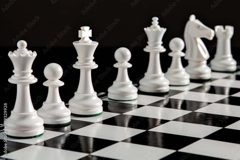 Fototapeta premium White Chess Pieces on Black and White Checkered Board