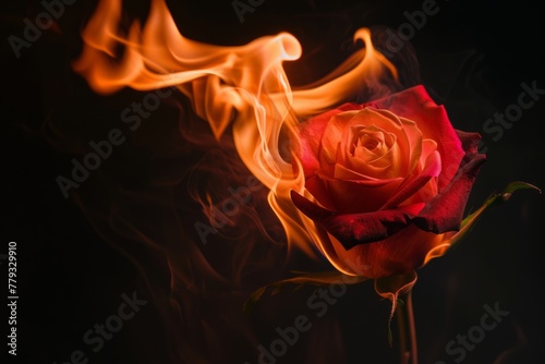 Vibrant Red Rose Engulfed in Yellow Flames on Black Background