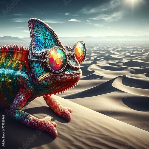 Colourful Chameleon Wearing Glass at Desert ,Chameleon closeup ,Sitting ,nature ,reptile ,lizard ,dragon , animal ,green , branch ,illustration  ,Generative Ai © Zigma Arts