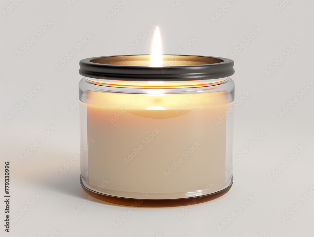 mockup of a white burning candle in glass jar, no label mockup of a white burning candle in glass jar, no label